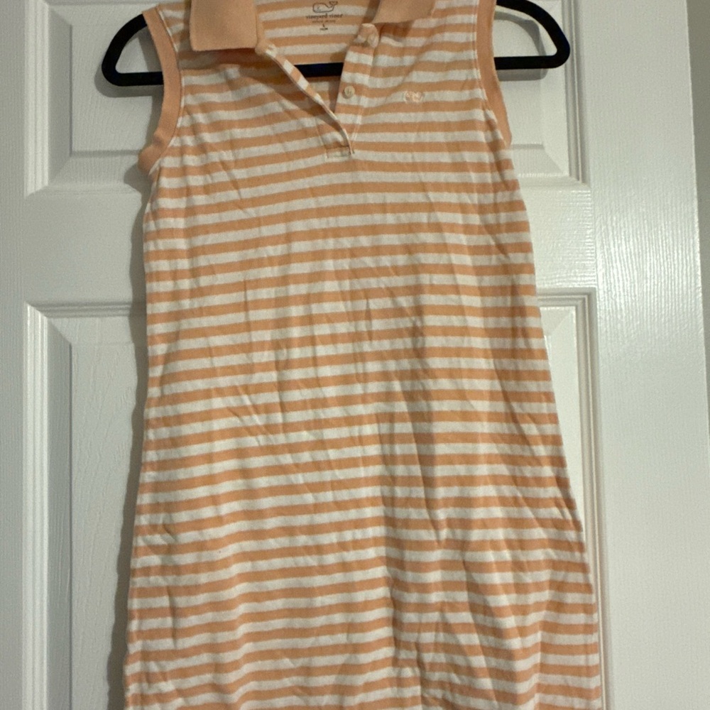 Vineyard Vines Pique Polo Peach and White Striped Kids Casual Dress - L (16-18)